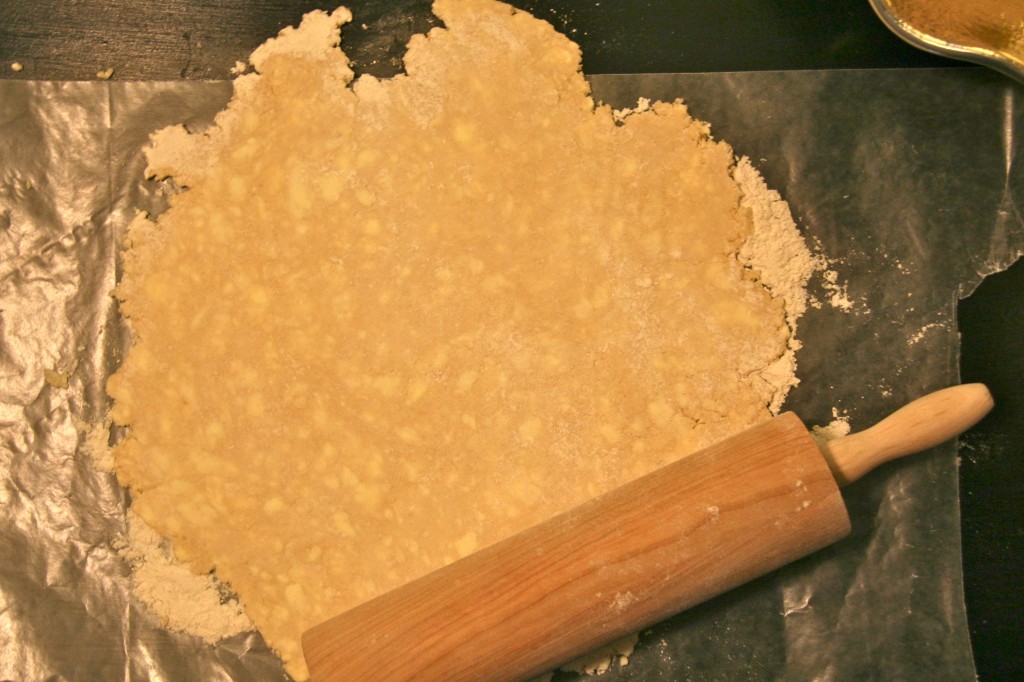 When the dough is firm, roll it out on a floured surface. You can tell this will be flaky because you can see the butter!