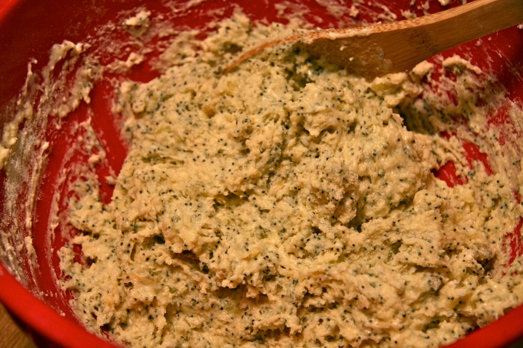 Poppy seed speckled batter ready for the pan.