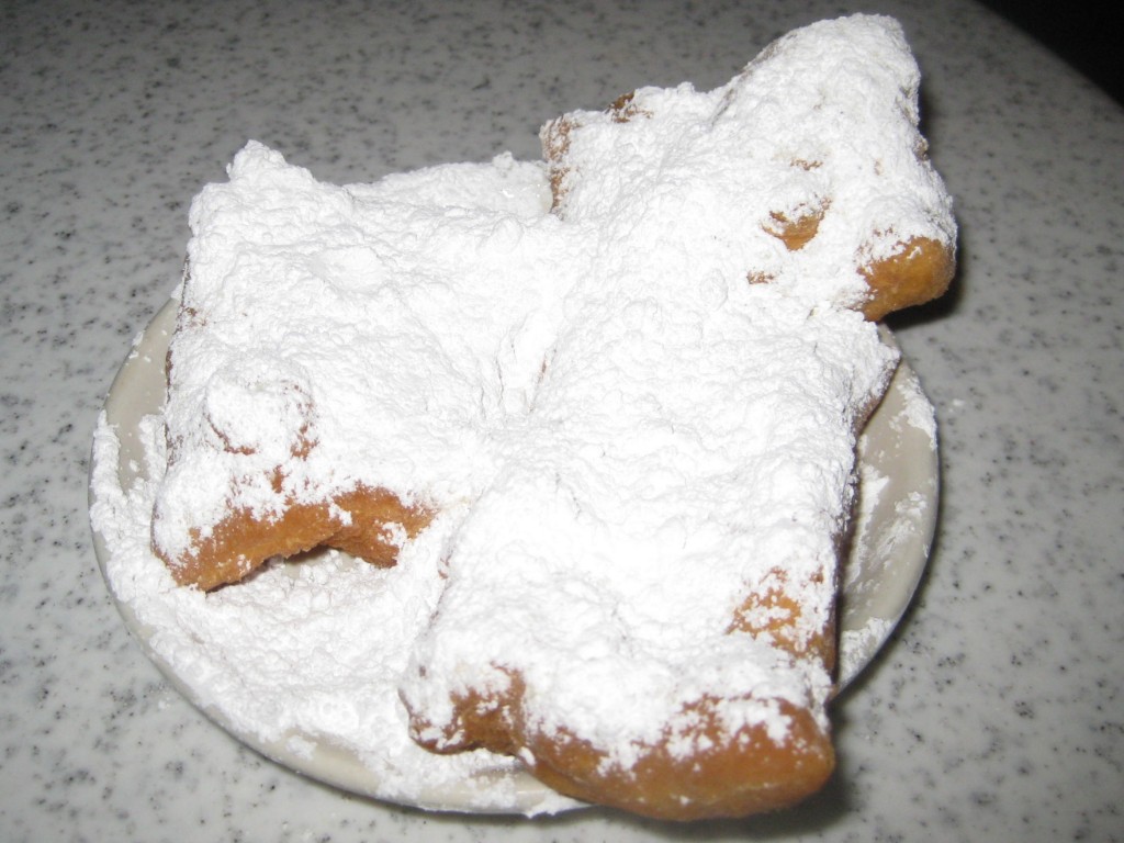 The beignets from Cafe Du Monde. They really love the powdered sugar! I held back a little on mine.