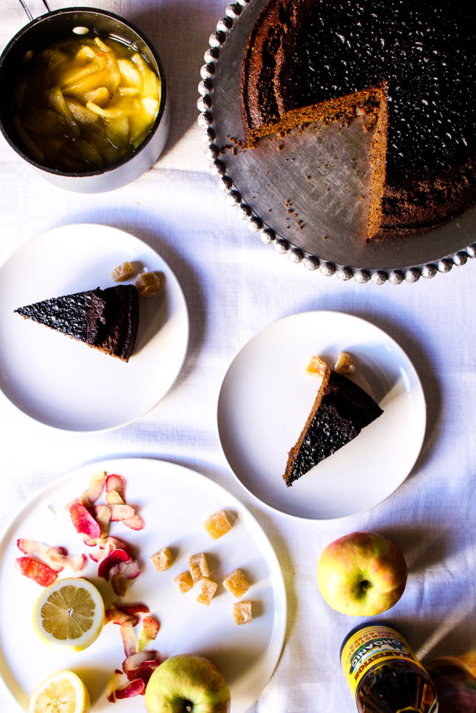 slices of gingerbread with brandied apples on the side