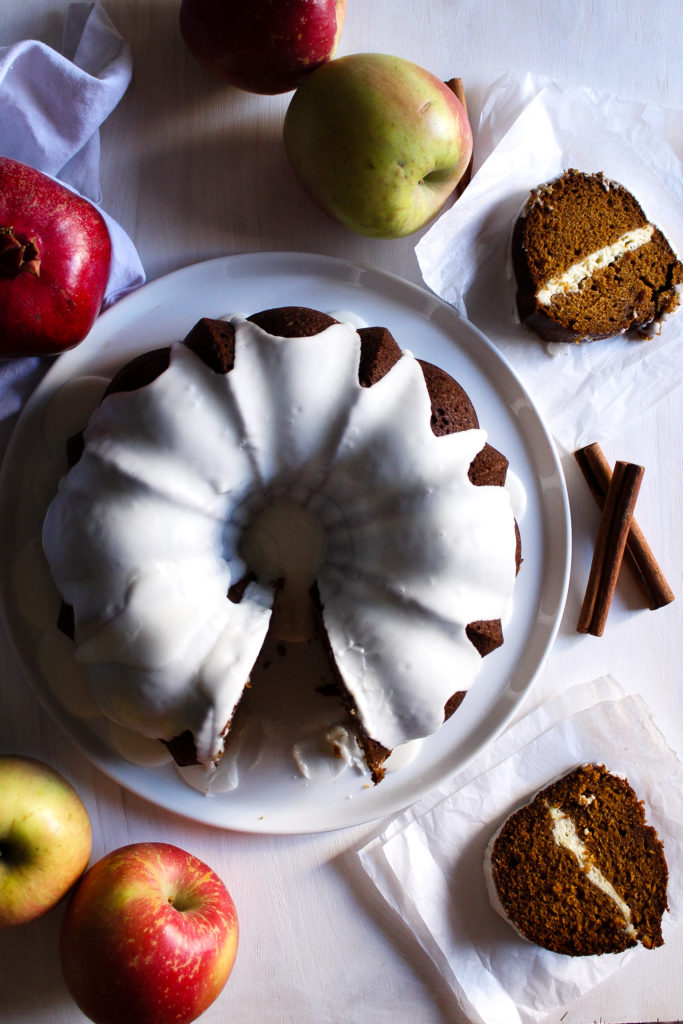 pumpkin bundt cake with cream cheese filling