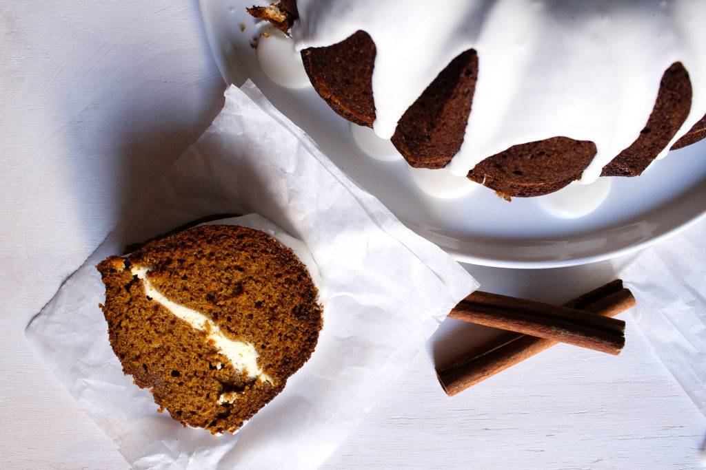 pumpkin bundt cake with cream cheese filling